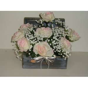 Pink and White Roses with Babys Breath in Barnwood Box (Box 7.25 