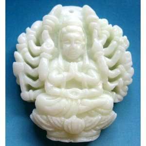  White Green Jade Thousand Hand Kwan Yin Amulet Pendant 