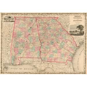  Johnson 1860 Antique Map of Georgia and Alabama Sports 