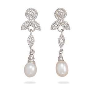 Rhodium Plated Sterling Silver CZ/White Cultured Freshwater Pearl 