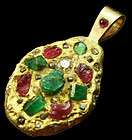22kt SOLID GOLD rough DIAMOND PENDANT Emerald Ruby Ancient Roman style 