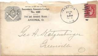 Ansonia Ohio Lodge 488 Free Masons Cover Envelope  