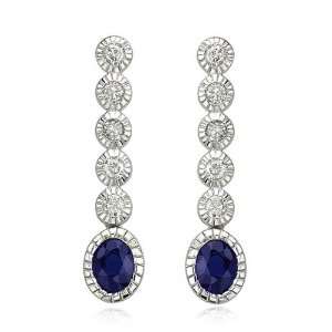 14K White Gold Oval Blue Sapphire & Bezel Set Diamond Dangle Earrings