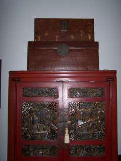 Chinese Antique Red Armoire   Beautifully Carved Panels  