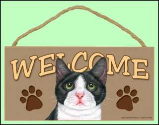 Tuxedo Cat (more whte) 10 x 5 Wooden Welcome Sign New  