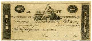 Farmers and Merchants Bank of Baltimore, Maryland, $100 1810s  