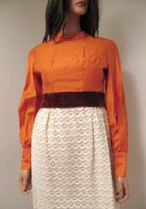   60s 70s Orange Silk White Lace Long Dress XS Velvet Trim Costume Maxi