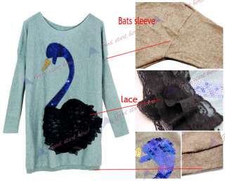 Fashion Swan Printed Round Neck Long Sleeve Head Knit Sweater  
