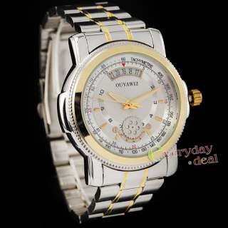 Luxury White Mens Date CHRO Silver & Gold Steel Automatic Mechanical 