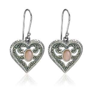   Sterling Silver Marcasite and Pink Shell Heart Wire Earrings Jewelry