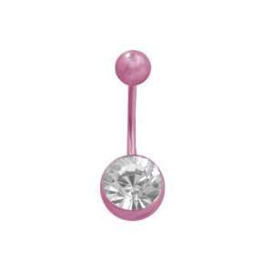  Pink Titanium Belly Button Ring with Clear Jewel Jewelry