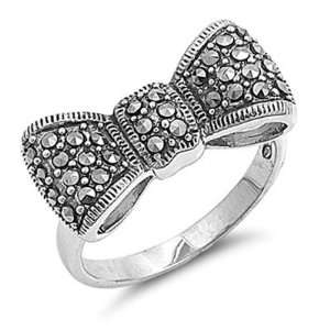  Ladies Rhodium Plated Bow Brass Marcasite Ring Size 7 