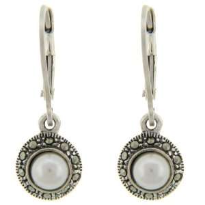  Sterling Silver Marcasite Simulated Pearl Drop Earrings Jewelry
