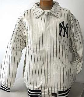 Yankees White Navy Striped Leather Jacket with NY Navy Logo on Front 