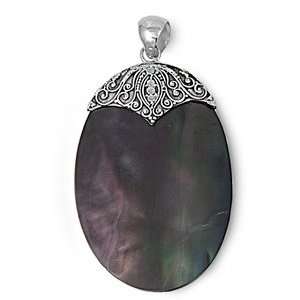   Sterling Silver Black Onyx & Abalone Shell Oval Shape Pendant Jewelry