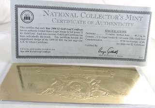 National Collectors Mint 22K Gold Leaf $2.00 Legal Tender Two Dollar 