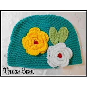  Bean Girls Soft, Cute Turquoise Crochet Flower Beanie Winter Hat 