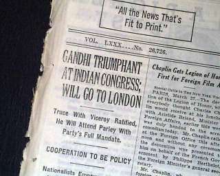 1931 Old Newspaper MAHATAMA GANDHI Lord Irwin PACT Ratified   SALT 