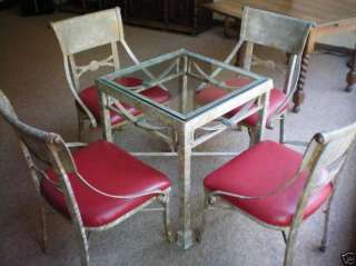 Wrought Iron & Brass Glass Table & Upholstered Chairs  