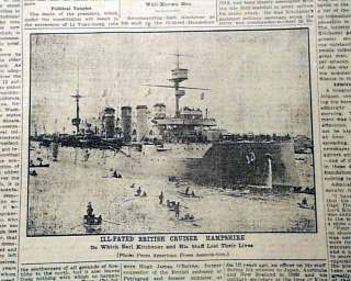 HMS HAMPSHIRE Explosion Sinking WWI 1916 Old Newspaper  
