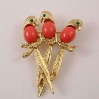 Adorable 3 Birds on A Branch Coral Belly Pin Brooch  