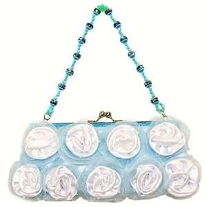  White Rosettes on Jewel Strap Evening Bag Purse in Blue 