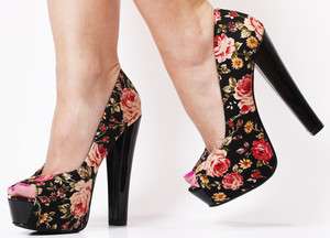 Inch High Heel Floral Print Open Toe Platform Pump Black Bloom 