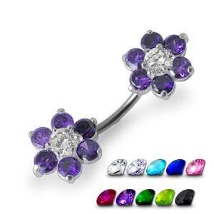  Jeweled Twin Flowers Spinal Belly Button Ring Jewelry