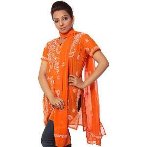  Orange Chikan Embroidered Kurti Top with Stole   Georgette 