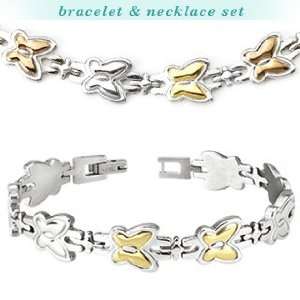 316L Stainless Steel Tri Tone Butterfly Bracelet & Necklace Combo Set