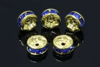 Gold Plated Blue Crystal 6mm Rondelle Spacer Beads 10Pcs  