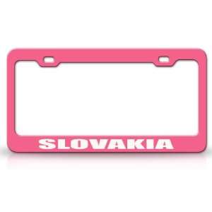 SLOVAKIA Country Steel Auto License Plate Frame Tag Holder, Pink/White
