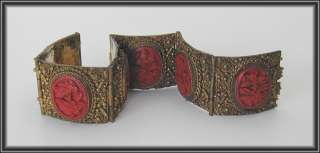 Antique CHINESE VERMEIL FILIGREE CARVED CINNABAR LACQUER BRACELET Gold 
