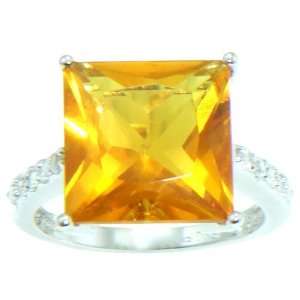    Rohdium Plated Princess Cut Citrine Color CZ Ring, Size 5 Jewelry