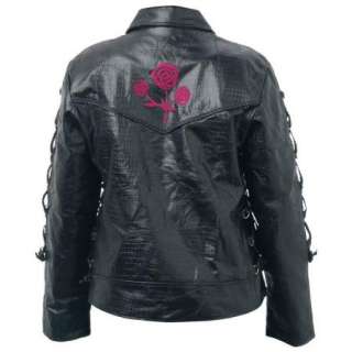 Ladies Womens Black Leather Jacket Embroidered Roses  