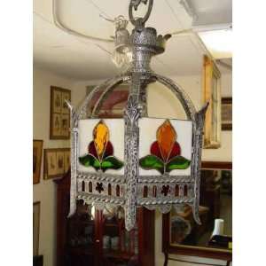  English Floral & Leaf Antique Stained Glass Chandelier 