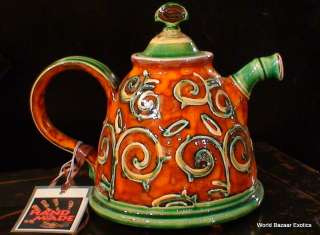 Unique Bulgarian Pottery Teapot Whimsical Orange Green  