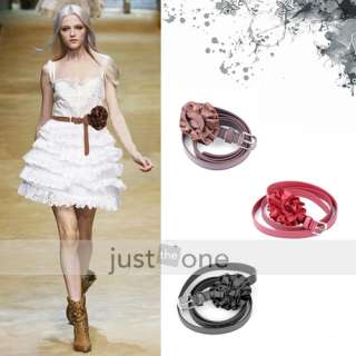 Fashion Women PU Leather Flower Slim Thin Waist Belt  