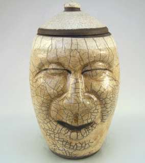 raku pottery ceramic smiling face jug cookie jar bottle corvus moon 98 