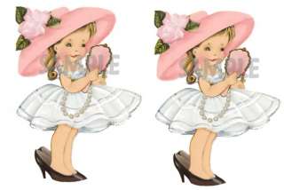 Vintage Little Girl Playing Dress up with big Pink Hat set of 2 prints 