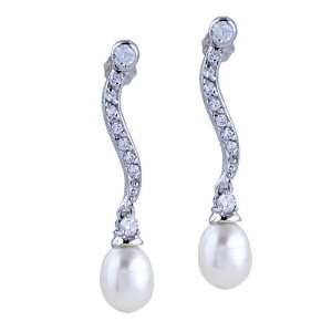  Sterling Silver Crystal Waved Stick Dangle Pearl Earrings 