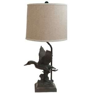 Rustic Duck Lamp with linen shade. Use up to 100 watt bulb. Oil Rubbed 