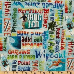  44 Wide Sun Sand Surf Phrases Blue Fabric By The Yard 