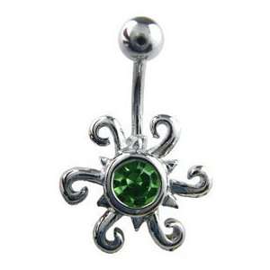  Green Crystal Rippling Sun Belly Button Ring   Green CZ Crystal 