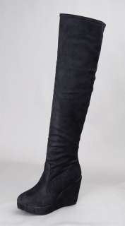   New Womens Black Faux Suede Over the Knee Thigh High Wedge Heel Boots