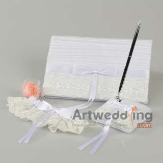 White Satin Wedding Guest Book, Pen, Ring Pillow, Basket, Garter Set