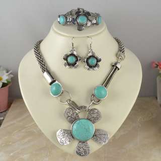 TIBETAN SILVER TURQUOISE STONE NECKLACE&BRACELET&EARRING COCKTAIL GIFT 