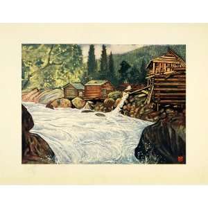  1905 Print Nico Jungmann Art Riverside Log Cabin 