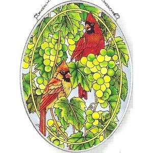 Amia Hand Painted Glass Suncatcher with Cardinal and Grapevine Design 