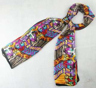 NEW 100% Silk Oblong Scarf Warp Multicolor Abstract Cat  